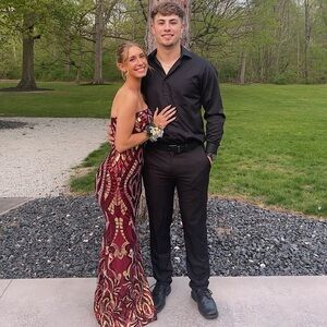 Maroon/deep red & gold strapless prom dress